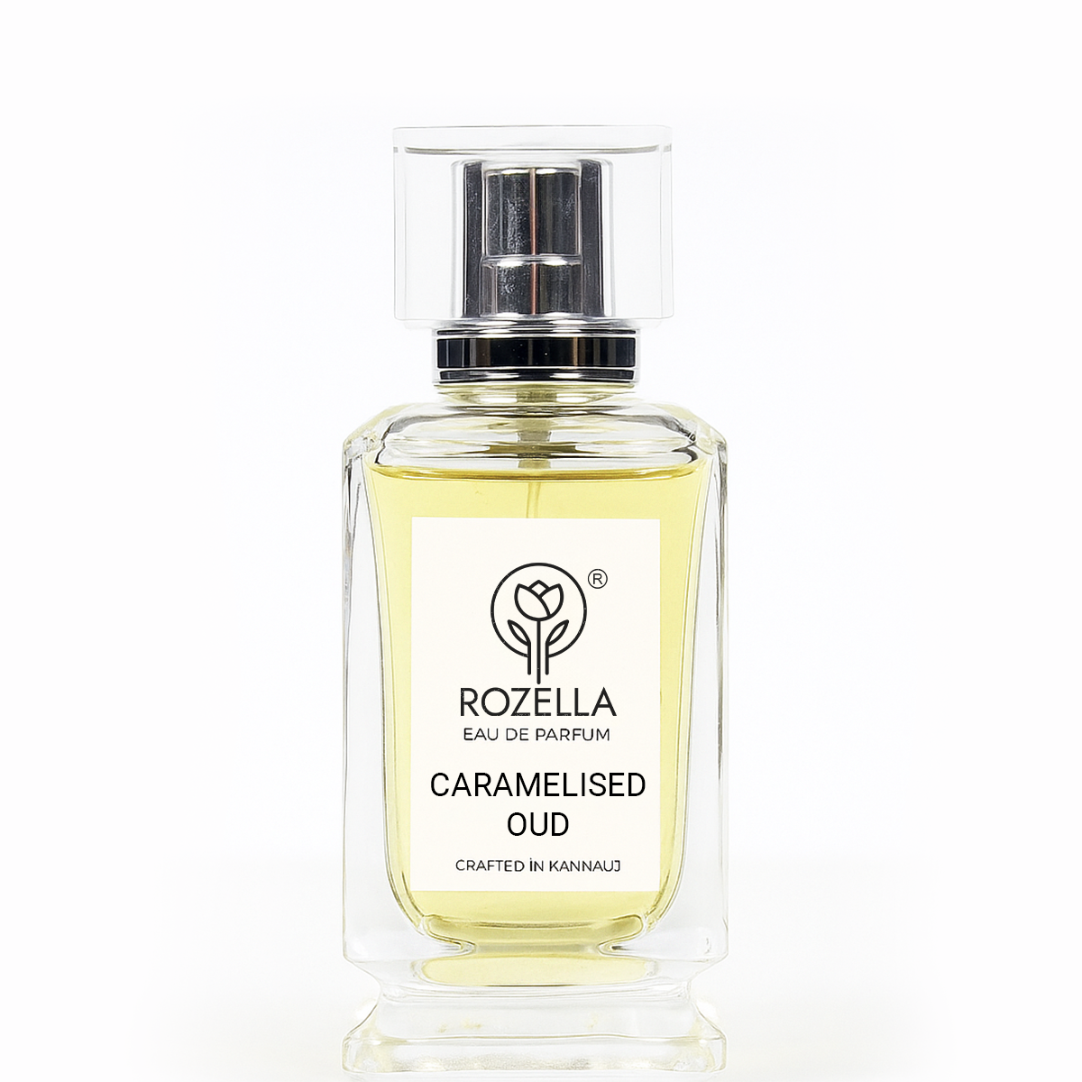 Perfume bottle labeled 'Caramelised Oud' 100 ml by Rozella