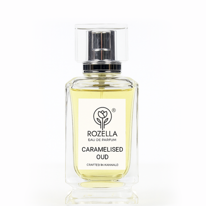 Perfume bottle labeled 'Caramelised Oud' 100 ml by Rozella