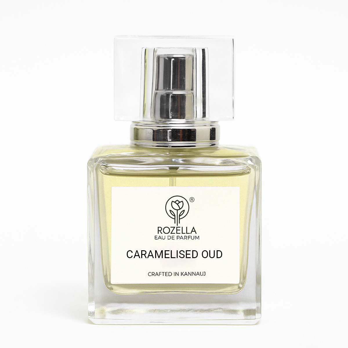 Perfume bottle labeled 'Caramelised Oud' 50 ml  by Rozella 