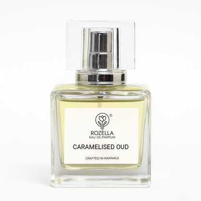 Perfume bottle labeled 'Caramelised Oud' 50 ml  by Rozella 